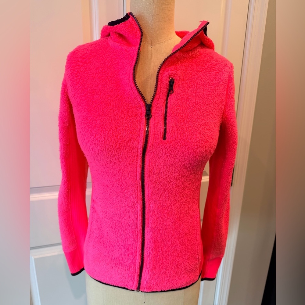 Neon Pink Sherpa Fleece Zip Hoodie Jacket Y2K Athleisure Cozy XS - Picture 3 of 12